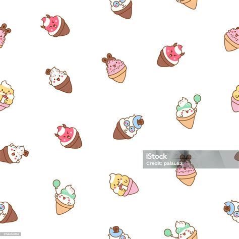 Cute Kawaii Ice Cream Characters Seamless Pattern Cartoon Sweet Smiling Dessert Hand Drawn Style