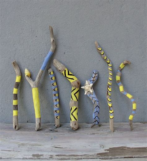 Natural Painted Driftwood Sticks Sunny Yellow Starfish Seashell Sky