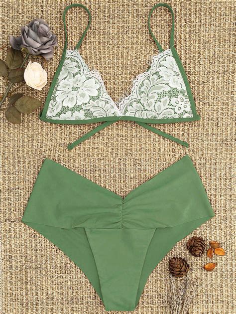 Lace Overlay Scrunch Butt Bikini Set In PEA GREEN ZAFUL 2023