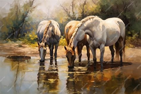 Premium AI Image | A painting of horses drinking water from a pond.