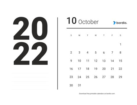 October 2022 Printable Calendar Templates for Free in PDF - Bordio