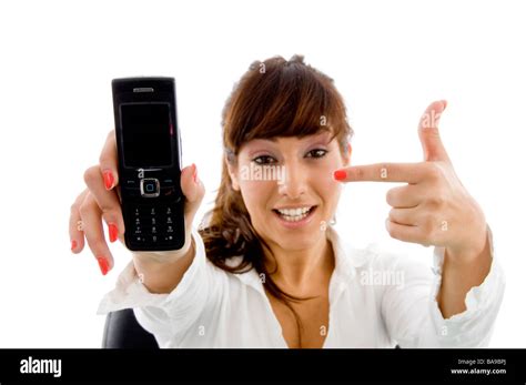 Front View Of Female Accountant Pointing At Her Cell Phone Stock Photo