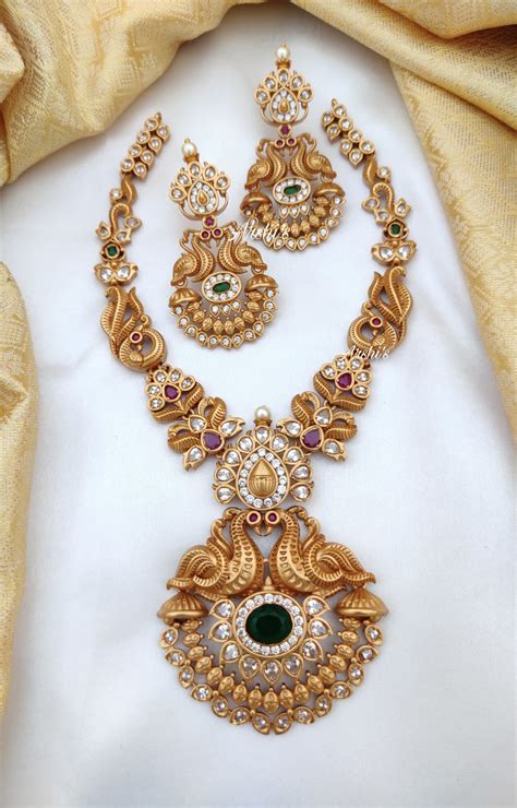 Gold Finish Peacock Necklace Set South India Jewels