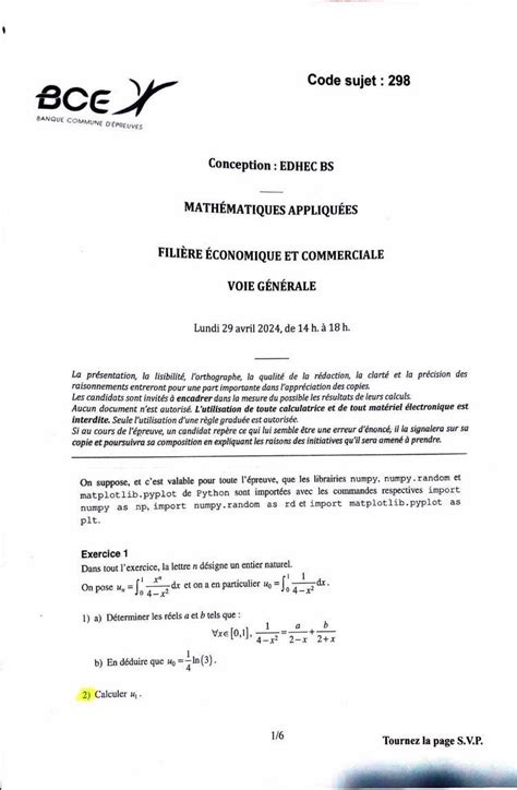 Maths appliquées EDHEC 2024 Sujet Major Prépa