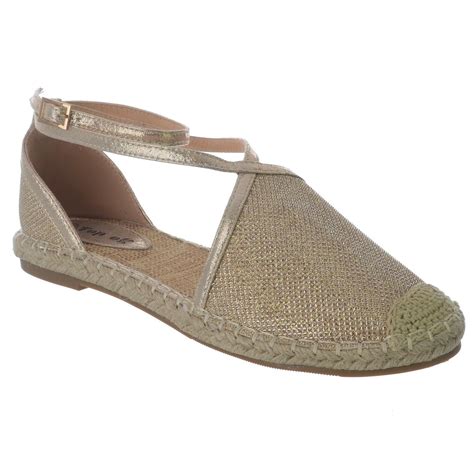 Womens Low Heel Ankle Strap Glitter Mesh Summer Sandals Espadrilles