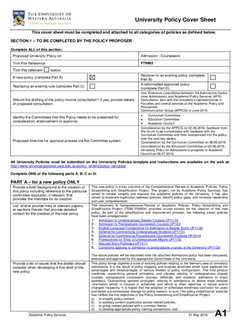 Fillable Online University Policy Cover Sheet Education At UWA Fax