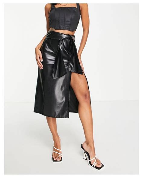 Asos Faux Leather Bow Detail Midi Skirt In Black Lyst