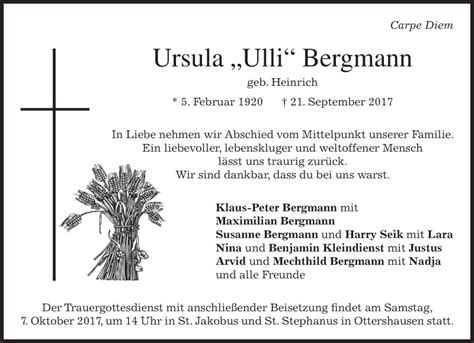 Traueranzeigen Von Ursula Ulli Bergmann Trauer Merkur De