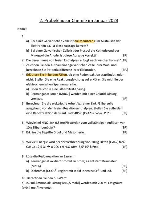 Probeklausur Januar Probeklausur Chemie Im Januar