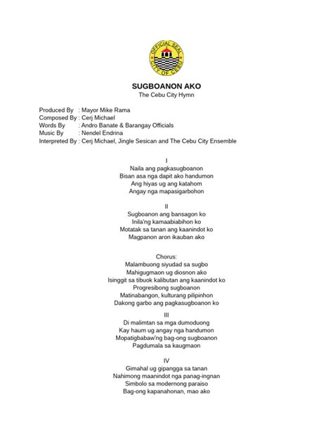 Sugboanon Ako The Cebu City Hymn Pdf