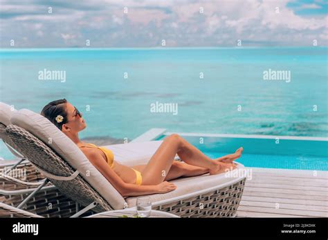 Luxury Vacation In Paradise Bora Bora High End Resort Hotel Bikini Woman Relaxing Lying On