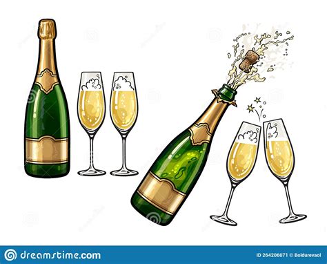 Bottle Of Champagne And Pair Of Glasses In Cartoon Style Hand Drawn