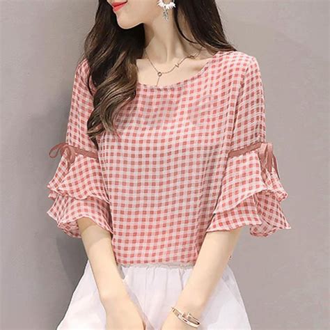 Cheap ZANZEA Women O Neck Ruffles Sleeve Plaid Shirt Summer Casual