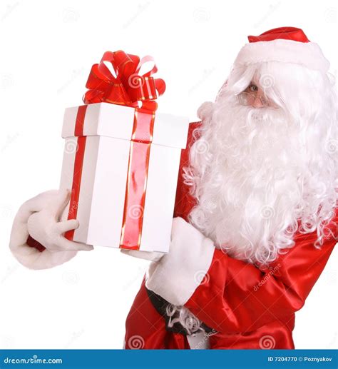 Santa Claus Giving T Box With Red Bow Stock Photo Image Of Senior