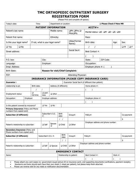 Tmc Orthopedic Outpatient Surgery Registration Form Fill And Sign