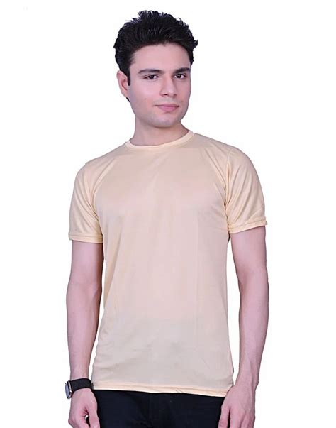 Plain Men Light Yellow Half Sleeves Nylon T Shirt Round Neck At Rs