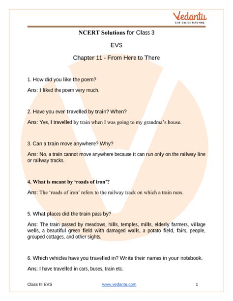 NCERT Solutions For Class 3 EVS Chapter 11 From Here To There Free PDF