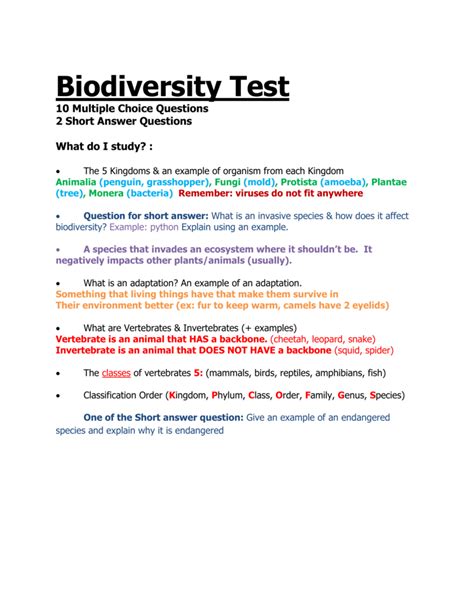 Biodiversity Test 10 Multiple Choice Questions 2 Short