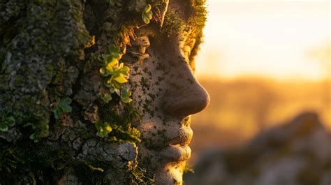 Os raios de sol se filtram através das árvores iluminando uma escultura