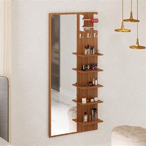 Bluewud Freddie Engineered Wood Wall Mount Dressing Table Mirror With Shelves Bangle Holder