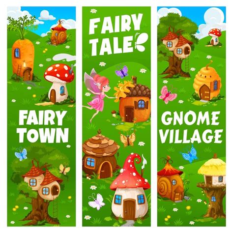 Premium Vector Fairy Town And Village Banners Cartoon Gnome