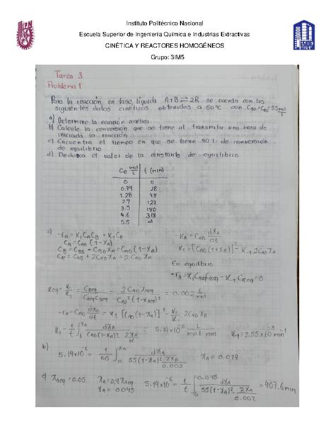 Tarea 4 Cinética Y Reactores Homogéneos Instituto Politécnico