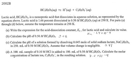 2002b Hchsosaq Htaq Chsos Aq Lactic Acid Hchsoz Is Monoprotic Acid That Dissociates In Aqueous