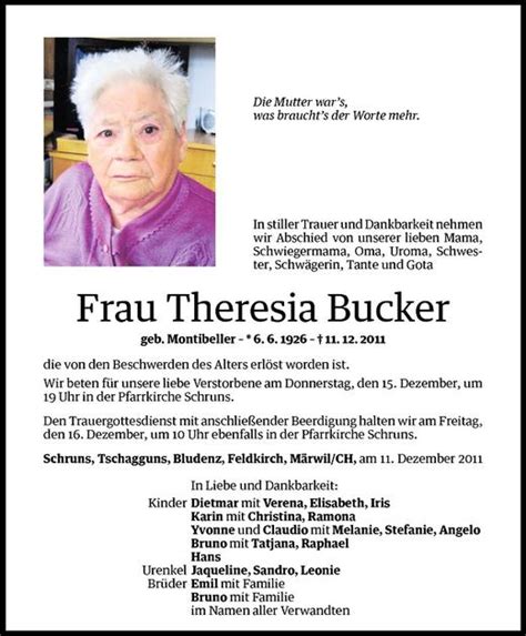 Todesanzeigen Von Theresia Bucker Todesanzeigen Vorarlberger Nachrichten