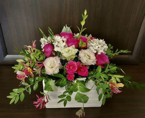 Flowers Cute Bouquet With Roses And Alstroemerias Pink White Green Wooden Box Stock Image