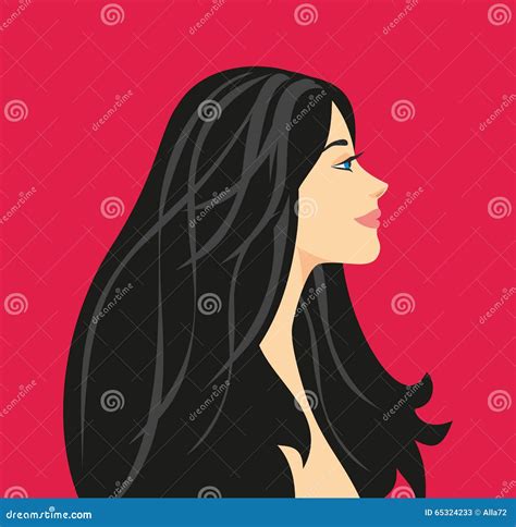 Illustration Profile Of A Beautiful Girl With Long Black Hair Stock