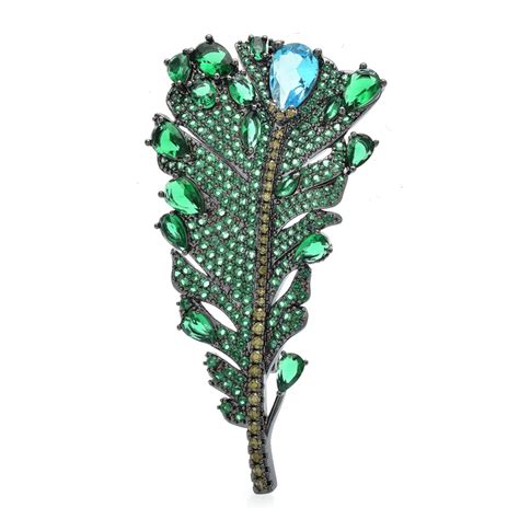 Wuli Baby Luxury Feather Brooches For Women Unisex Green Cubic Zirconia