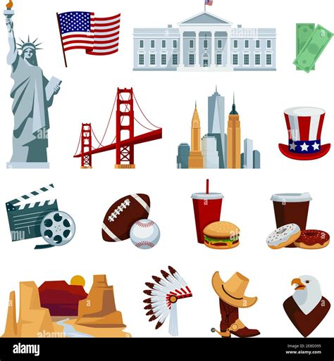 Usa flat icons set with american national symbols and attractions ...