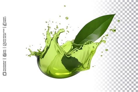 Premium Psd Green Leaf In The Air With Splashes Of Liquid On A