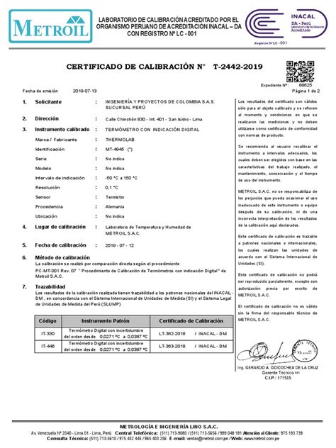 Certificado De Calibracion Calibración Metrología