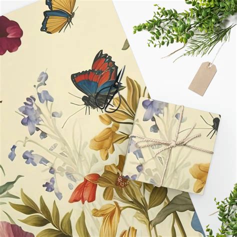 Floral Butterflies Wrapping Paper Mothers Day Wrapping Paper Birthday