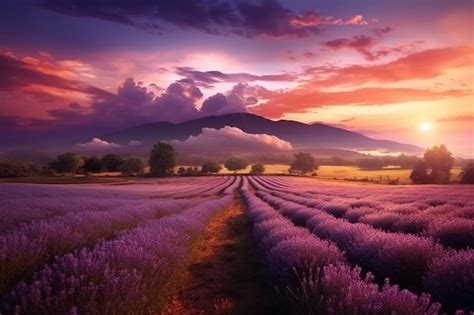 Premium Photo Stunning Landscape With Lavender Field At Sunset