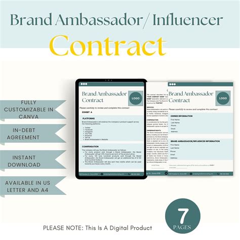 Editable Brand Ambassador Contract Template Social Media Etsy