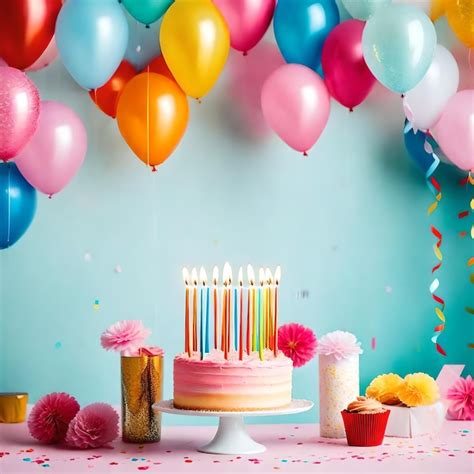 Premium Photo Happy Birthday Cake Balloons Candles And Confetti