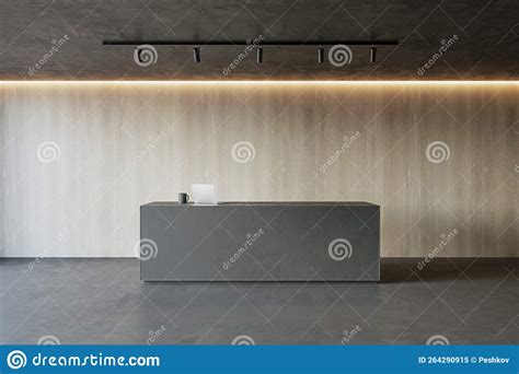 Front View On Modern Minimalistic Reception Desk With Modern Laptop In