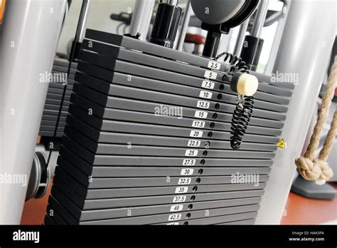 Weight Stack In A Gym Stock Photo Alamy