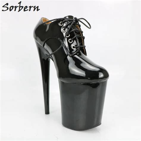 Sorbern Black Shiny Women Pumps 20cm Super High Heels Thick Platform