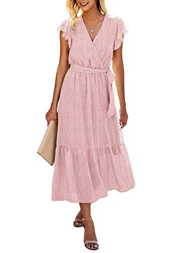 Btfbm Women Summer Bohemian Floral Casual Wrap V Neck Ruffle Cap Sleeveless Belt A Line Pleated