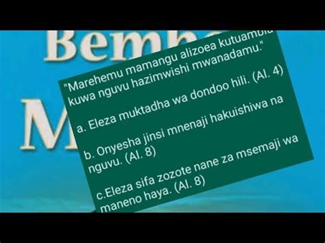 Maswali Na Majibu Ya Bembea Ya Maisha Kcse Revision Uchambuzi Wa