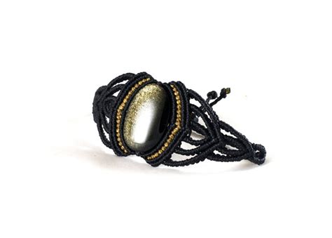 Black Macrame Bracelet Golden Obsidian Gemstone Tribal Boho Gypsy Pixie