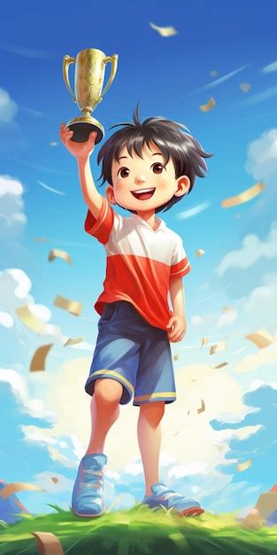 Premium Photo Cartoon Boy Holding Up A Trophy In The Air With A Lot