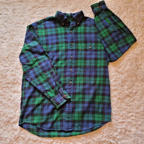 Lands End Green Navy Tartan Plaid Cotton Flannel L S Button Down