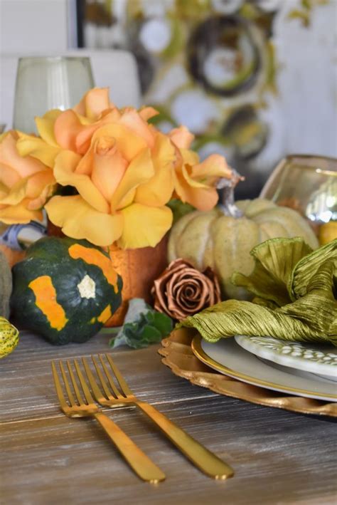 Olive Green And Gold Fall Tablescape Close Up With Roses And Pumpkins