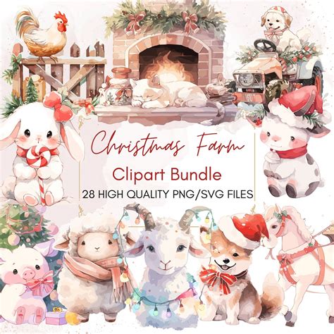 Farm Animals Clipart Christmas Animals Watercolor Baby Animals PNG Winter Animals Holiday ...