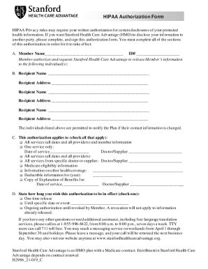 Fillable Online Stanford Health Care Advantage HIPAA Authorization Form