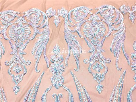 Iridescent Baby Blue On Nude Mesh Sequin Fabric By The Yard